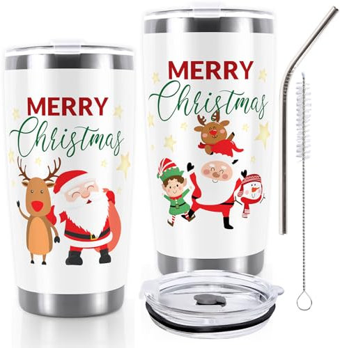 Whaline Weihnachtsbecher aus Edelstahl, Weihnachtsmann und Rentier, Reisebecher mit Deckel, Strohhalm und Bürste, Weihnachten, Winter, Kaffeetasse für Urlaub, Geburtstag, Geschenk, 2 Stück