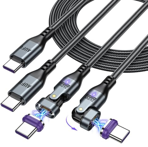 AUFU Magnetic Charging Cable 2 Pack 1.8m, Magnetic Charger 180° Rotating Nylon Braided Type C Fast Charging Cable 48V/5A, Quick Data Transfer USB C Charging Cable for Type C Devices