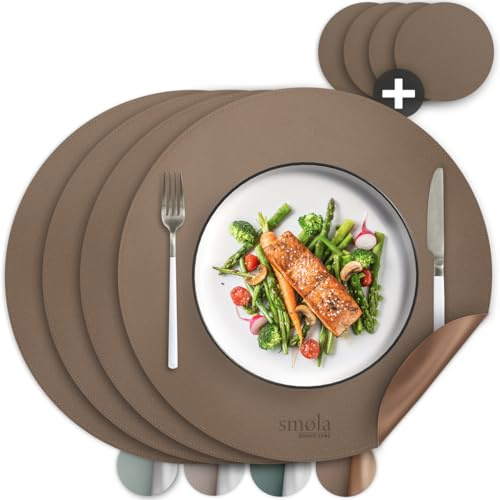 smøla 8-teiliges Tischset Rund aus PU-Leder - inkl. Untersetzer I Platzset Abwaschbar I Platzdeckchen Set in Lederoptik, Tischunterlage für Teller & Gläser I Tischdeko, Braun/Gold