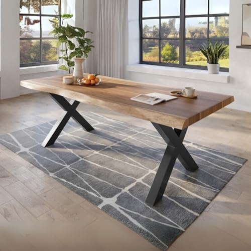 trelevo Esstisch 200x110 Baumkante Akazie natur X-Gestell schwarz