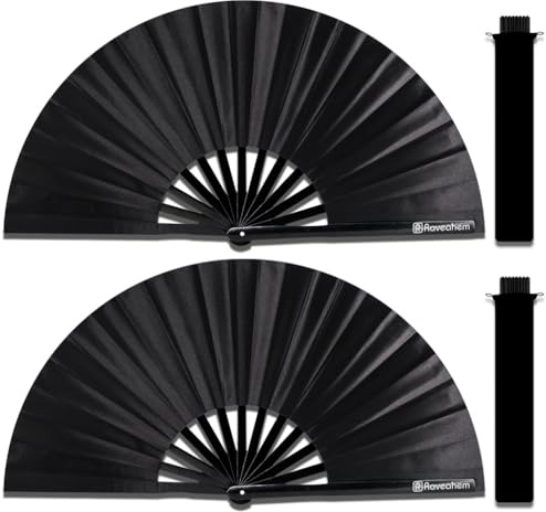 Raveahem 2 Pack Large Folding Hand Fans, Bamboo Handheld Rave Fan Wedding Fan Bamboo Frame Thickened Smooth Fabric for Cooling Decoration Women Men Gril Boy Gift, 13.8 Black