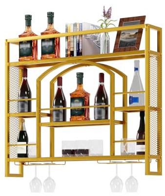 UEV Porte Bouteille Mural 100cm, Casier à Vin en Métal, Porte-Verre à Vin, avec Lumière LED de 15 Couleurs, Étagère de Rangement pour Vin, Style Industriel, pour Cuisine, Bar (Or, 100x15x81cm)