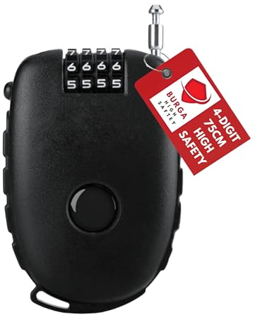 BURGA Candado de cable de 4 dígitos con cuerda de acero de 75 cm y candado de combinación | Retráctil, muy eficiente y fiable | Candado pequeño para equipaje, cochecito de bebé, casco de moto, maleta