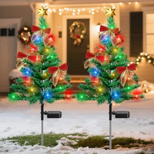 Qoosea Solar Christmas Tree Lights Outdoor, 2 Packs Solar Lights Christmas Decoration with LED Colorful and Red Berries, Waterproof Xmas Tree Pathway Light Decor for Garden Holiday Patio