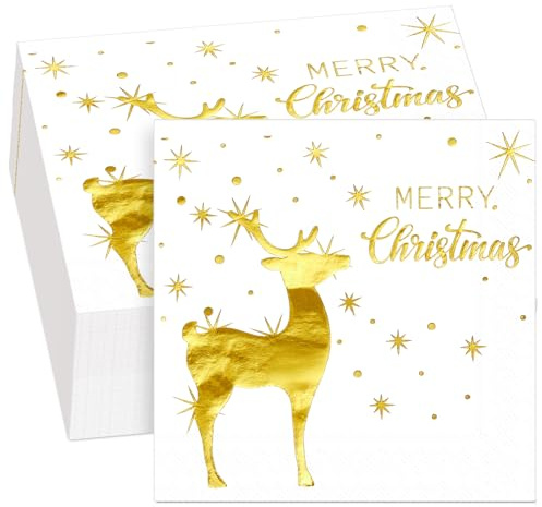 Chrisfall 50 Serviettes en Feuille d'Argent Joyeux Noël Serviettes en Papier de Fête Métallique Jetables Argentées de Cocktail pour Fournitures de Fête de Noël(Cerf Sika)
