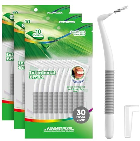 Annauiy Interdentalbürsten, 0,4mm Ultrafein, 30 Stück, L-Förmig mit 90° Winkel, Grau,Für Menschen mit Enge Lücken