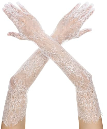 CIATBYYJ Elegant Long White Lace Gloves for Women, Floral Mesh Tulle Sheer White Long Lace Gloves, 1920s Length Bridal Wedding Glove For Wedding Engagement Cocktail Cosplay Masquerade