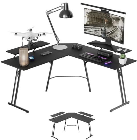 LZQ Gaming skrivbord L-form, datorbord med bildskärmstativ, hörnskrivbord, spelbord ergonomiskt datorbord, PC-bord för arbetsrum, sovrum och kontor (svart – 50 x 140 x 73 cm)