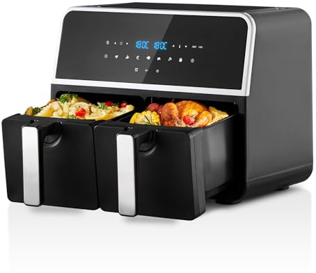 Freidora de aire doble de 9 L, freidora de aire grande con pantalla táctil LED, 2 cajones, 8 programas de cocción preestablecidos para una cocción saludable sin aceite y baja en grasa