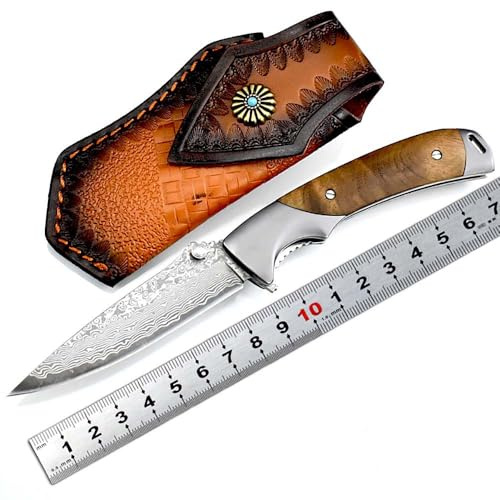 Klappmesser 8.6 Scharfe Taschenmesser Premium Damast, damaskus stahl, schatten holz, tragbare camping messer, Edc outdoormesser, damaszener Jagdmesser survival, damaststahl messer mit lederscheide