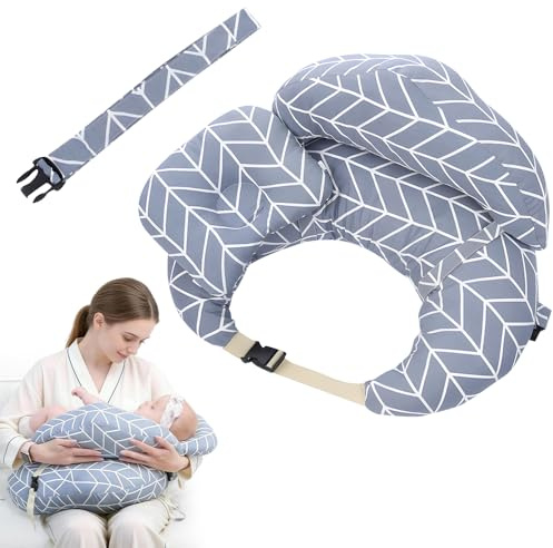Nursing Pillow, Multifunctional Breastfeeding Pillows with Adjustable Waist Strap and Safety Fence, Breast Feeding Pillow Baby, 100% Cotton Removable Pillowcase, Baby Feeding Pillow