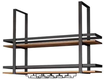 Portabicchieri da vino da soffitto, industriale a 2 strati, montaggio a parete, in metallo nero, per bar, caffetteria, cucina, elegante espositore per bicchieri da vino (150 x 30 x 80 cm)