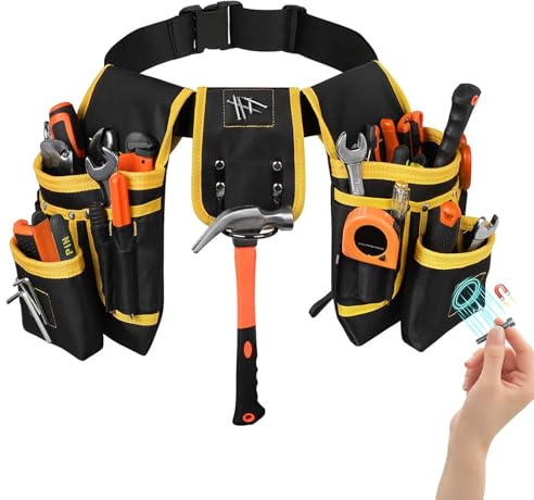 Cintura portautensili da uomo con 26 tasche, tasca magnetica rimovibile, cintura regolabile con supporto per martello per elettricisti, falegnami e lavoratori edili (giallo)