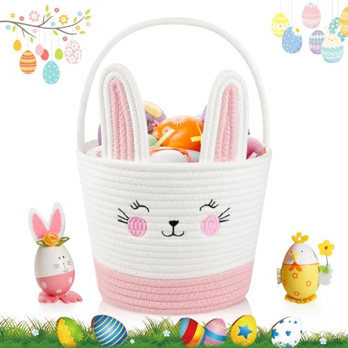 SilverChry Cestas de Pascua, cesta de Pascua de cuerda de algodón, cesta de Pascua para niños con asa, bolsas para caramelos niños, cesta de Pascua caza huevos regalo de Pascua (rosa)