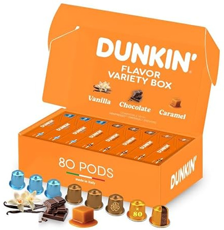 Coffret Flavour Dunkin’ Donuts – 80 Capsules de Café, 3 Saveurs Aromatisées : Vanille, Chocolat, Caramel, Compatibles avec les Machines Nespresso, Crémeux & Aromatique, Idée Cadeau