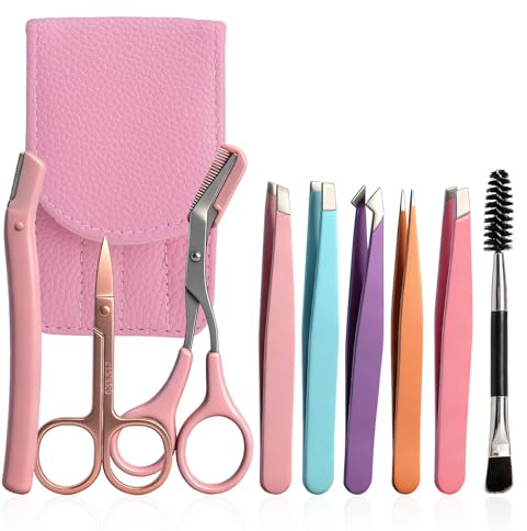 LOLANIUT Kit de Pinzas de Acero Inoxidable LOLANIUT de 9 Piezas, Herramientas de Maquillaje y Cejas, Pinzas de Precisión, Tijeras para Cejas, Maquinilla y Cepillo, Set de Belleza para Cejas, Pestañas