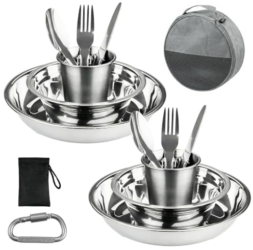 Camping Kochgeschirr Set - Campinggeschirr 2 Personen Set | 304 Edelstahl Camping Geschirr Set für Rucksackreisen, Camping, Wandern und Picknicks