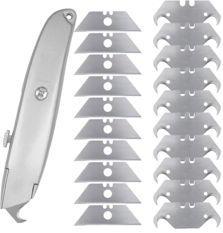 HAPZUR Set de Couteaux Universels avec 20 Lames (10 Trapèze + 10 Crochets) - Cutter Ergonomique en Aluminium pour Moquette, PVC, Toitures et Carton - Système de Verrouillage Automatique