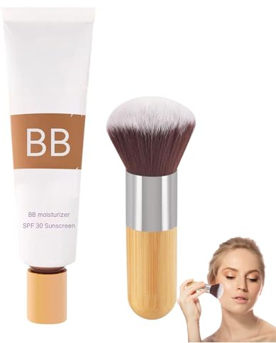 BB Blur Tinted Moisturizer SPF 30, BB Cream Tinted Moisturiser for Mature Skin, Smooth & Hydrate Foundation with Makeup Brush, Evens Skin Tone (1Pc)