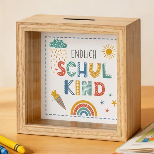 MIJOMA Spardose aus Holz mit Glasfront – dekorativer Sparrahmen für Geldgeschenke zu Hochzeit, Geburtstag, Reise & mehr – kreative Geldbox (Schulkind - naturfarben, 15 x 15 x 5 cm)