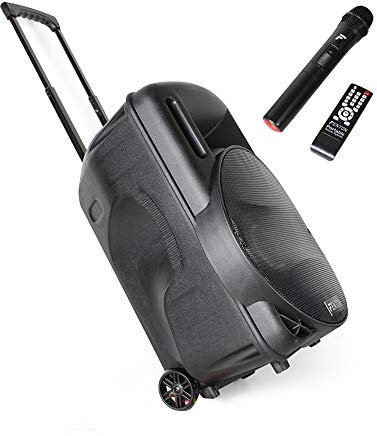 Fenton FT15LED 15-Inch Portable PA Speaker System with Wheels, 800W Wireless Bluetooth Speaker, Built-In Battery, UHF Wireless Mic, Guitar Input, LED Lights, USB & SD MP3 Player for Live Events