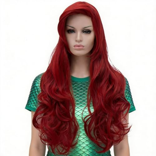 ATAYOU Damen Lange Rot Perücke für Karneval Fasching Fastnacht | und Halloween Cosplay Kostüm mit 1 Perücke Kappe, Rote Gewelltes synthetisches Material