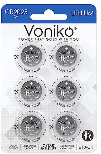 Voniko CR2025 3V Lithium Batteries 6 Pack for Child Safety, Compatible with Remotes, Key Fobs, Watches, Calculators - 7 Years Shelf Life