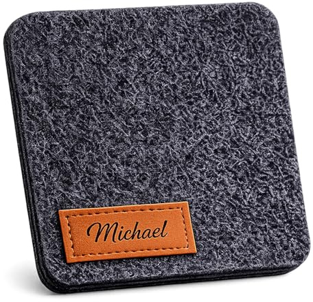 camolo Edler personalisierbarer Filz Untersetzer Mit Lederetikett & Wunschname 10x10 cm Filzuntersetzer Abwaschbar Glasuntersetzer Dunkelgrau
