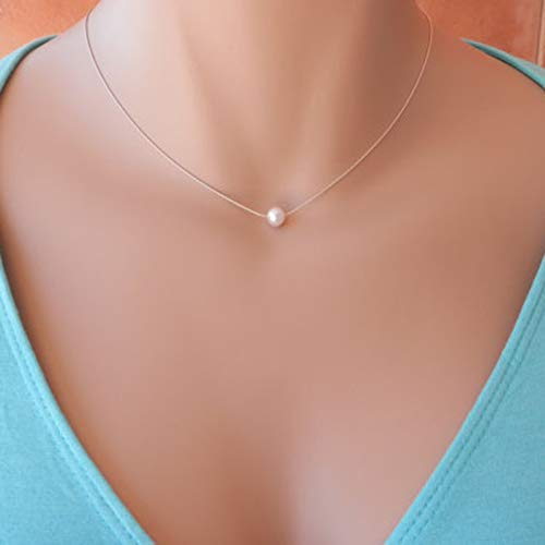 TseenYi Halskette mit kleinem Perlenanhänger, schwimmende Perlenkette, Choker, minimalistisches Boho-Schlüsselbein, Schmuck für Damen und Mädchen, 1 Count (Pack of 1), Metall Silber Kunstperlen Metall