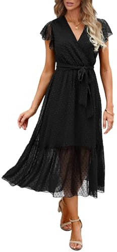 BTFBM Women Summer Bohemian Floral Casual Wrap V Neck Ruffle Cap Sleeveless Belt A-Line Pleated Hem Swing Midi Sun Dress (Swiss Dot Black, s)