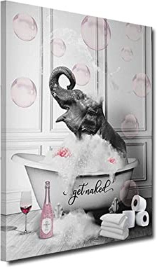 ZHONGYUTONG Badezimmer Wandbilder-Elefant in der Badewanne mit Rosa Blasen lustige Tiere Kunstdruck auf Leinwand Gerahmt Schwarz Weiß Wanddekoration Moderne Gemälde für Zuhause (30x45cm)