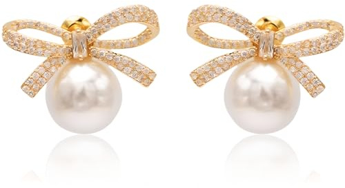 Clyhon New York Goldband Schleife Knoten Kristall Strass Weiße Perle Ohrstecker
