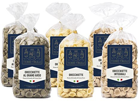 Terre Dei Trulli Tris di Orecchiette Tradizionali, Integrali e Al Grano Arso - 6 Confezioni Da 500g | Pasta Artigianale Tradizionale 100% Italiana | Pasta Di Semola Di Grano Duro | Made In Italy