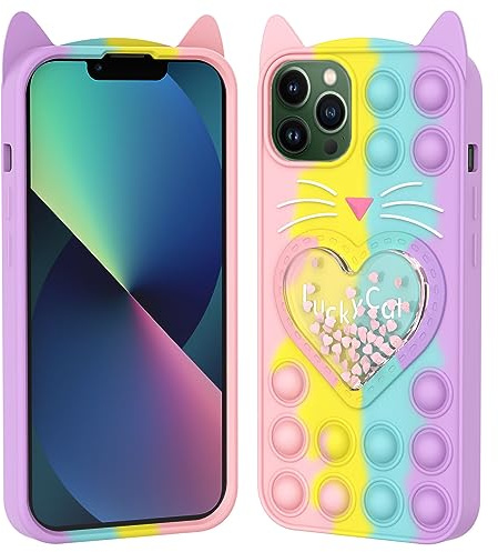 Asgens Fidget Pop Fodral för iPhone 12/12 Pro, Söt Tecknad Tur Katt Kvicksand Bling Stjärnor Push Bubbles Stötsäker Silikon Mjukt Telefonfodral för Apple iPhone 12/12 Pro 6,1 tum