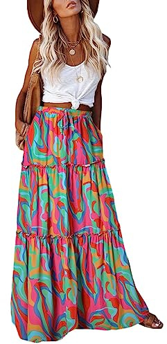 Trendy Lightweight Drawstring Tiered Ruffles Paisley Hippie Plus Size Bohemian Long Maxi Skirt with Deep Pockets Office Music Festival Travel Picnic Dating Fall Outfits Multicolor Abstract Wave M