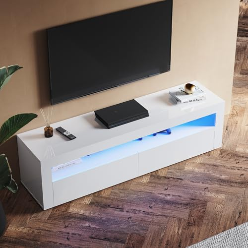 SUNXURY TV Schrank mit LED-Leuchten Lowboard Hochglanz Fernsehschrank Fernsehtisch Sideboard TV Möbel Tisch Board mit Schubladen Holz 155 x 40 x 45 cm