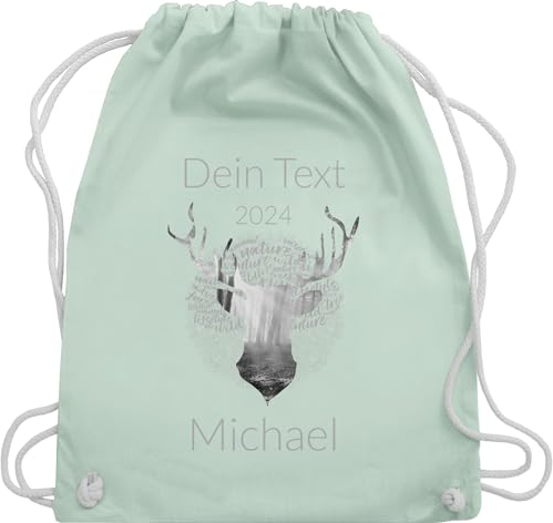 Turnbeutel Rucksack - Kompatibel Oktoberfest - Tag Cloud - Hirsch und Name in Silbergrau - Unisize - Pastell Grün - oktoberfest-tasche trachten beutel trachtenrucksack bayrisch beutelrucksäcke