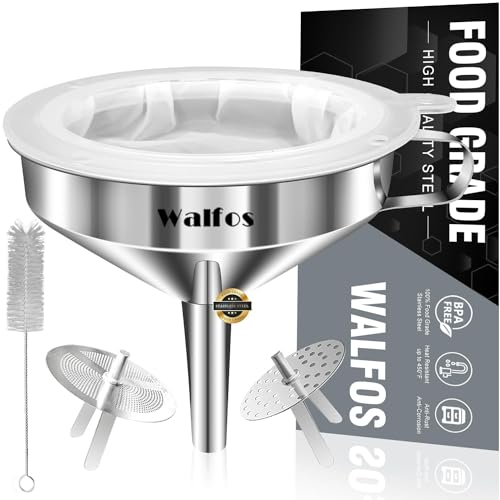 Walfos Embudo de acero inoxidable de 13 cm con 2 filtros extraíbles y 1 cepillo de limpieza y 200 filtros de malla, ingredientes secos y polvo., Acero inoxidable de grado alimenticio