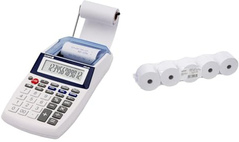 Olympia Tischrechner mit Papierrolle mit 12-stelliger LCD-Anzeige 57mm Breite & Genie Additionsrollen Ersatz-Papierrollen geeignet für Kassen und druckende Tischrechner weiß, 5 Stück