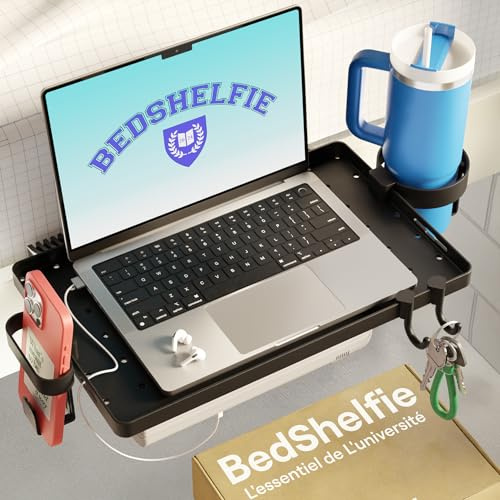 BedShelfie Regal für Bett & Oberbett, Essentials für Universitätszimmer, Mezzanine-Zubehör, Clip-On, Schwimmendes Regal (Modelle Room Essential, Schwarz, Kunststoff) | Etagenbett und Obere Etagenbett, Essentials, Nachttisch-Caddy, aufsteckbares Schreibtischtablett, Nachttisch, Nachttisch
