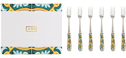 Forchettine con manico in ceramica decorata maioliche 6 pz con astuccio, Forchettine da tè, caffè, dolce, frutta, dessert, forchettine per cucina e sala da pranzo, ngl 062.