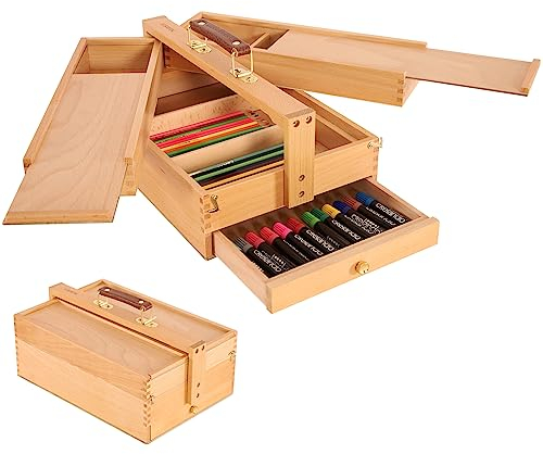VISWIN Caja de Almacenaje de Tres Capas para Artistas, Herramientas Portátil de Madera de Haya Maciza con Cajón, Caja de Almacenaje de Materiales de Arte para Materiales de Pintura