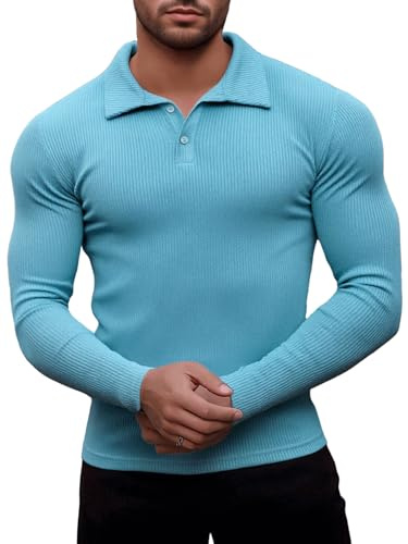 Agilelin Polotröja herr långärmad/kortärmad t-shirt, herr stretch muskelskjortor, casual ribbad skjorta, workout golf, 1-långärmad/blå, L