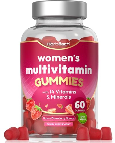 Multivitamin Gummies for Women | 14 Active Ingredients | with Zinc, Vitamins C, Biotin, B6, B12, B9 (Folic Acid) & More! | Hair, Skin and Nails | 60 Vegan Gummies - Natural Strawberry | by Horbaach