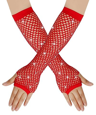 Yurosiay Lang Strass Netzhandschuhe Damen Bunt Fingerlose Mesh Handschuhe Elastisch Fischnetz Handschuhe Mit Strass Mode Fingerlose Abendhandschuhe für 80er Tanz Kostümabend Party Rot