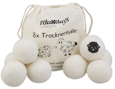 Relaxdays Trocknerbälle 8er Set, Schafwolle, Trocknerkugeln für Wäschetrockner, umweltschonend, schnelles Trocknen, weiß