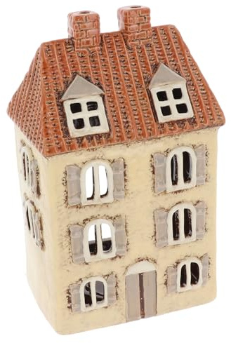 Shudehill Giftware Village Pottery Keramik-Teelichthalter, Ziegelhäuser, Grau, neutrale Kollektion, gefliestes Chateau, Flieder oder Gaubenhaus