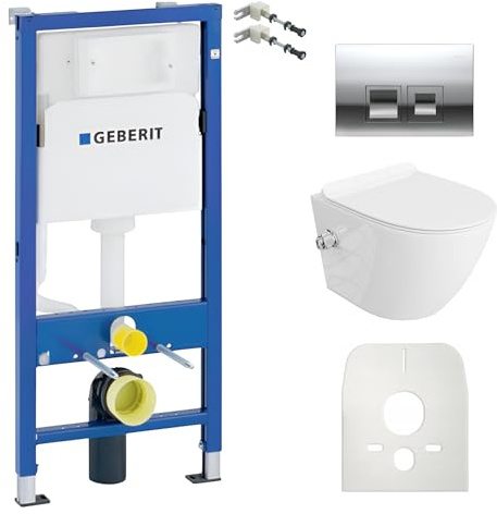 Duofix Basic Salto Élément mural + chasse d'eau profonde Salto blanc sans bord + panneau de commande Delta 25 | Bouton chromé | Kit complet | Réservoir de chasse encastré | Toilettes complètes