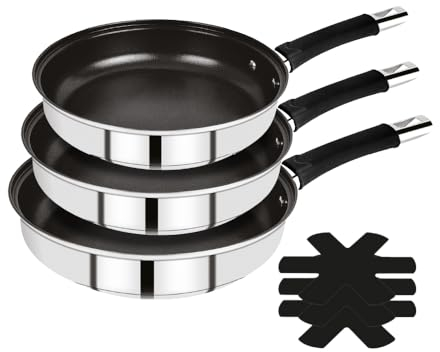 BERGNER BASTER – 6-teiliges Bratpfannen-Set aus Edelstahl 20 + 24 + 28 cm mit Hohlgriffen – inklusive Schutzvorrichtungen – Silikongriffe und Antihaftbeschichtung – Induktions-Akku