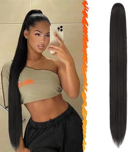 BARSDAR Longue Raides Queue de Cheval Extension - 86cm Noir Queue de Cheval Extension de Cheveux avec Cordon Synthétique Faux Queue de Cheval Postiche Clip Queue de Cheval pour Femmes - Noir Naturel